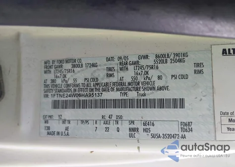 2006 Ford E-250 Commercial/Recreational from USA, damaged, VIN 1FTNE24W06HA95137